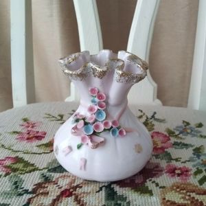 Lefton Vintage Pink Ruffle Ceramic 3d Floral vase
